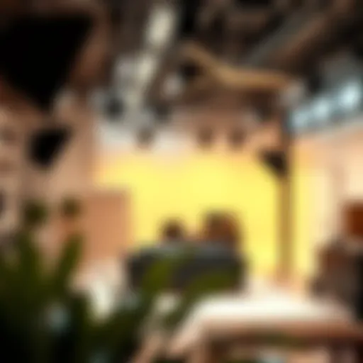 An artistic representation of a central studio setup in an urban environment