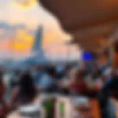 Sunset Atmosphere at a Marina Restaurant A bustling marina restaurant during sunset, showcasing the lively social atmosphere.