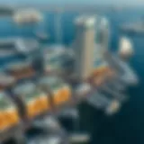 Aerial view of Marina Shores showcasing its stunning architectural design