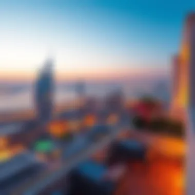 Panoramic balcony view from Marsa Al Arab penthouse overlooking the Dubai skyline.