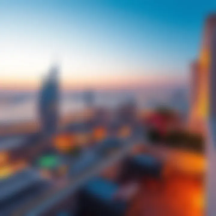 Panoramic balcony view from Marsa Al Arab penthouse overlooking the Dubai skyline.