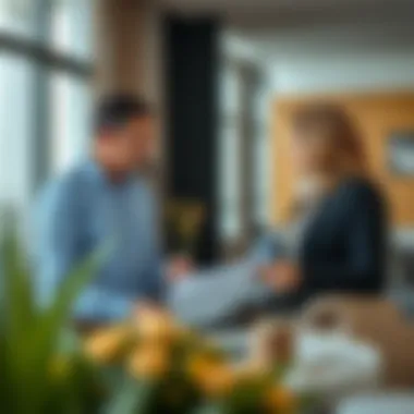 Broker and Client Discussing Mega Home Options A real estate broker discussing property options with a client