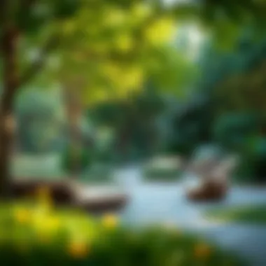 Serene park with lush greenery and cozy seating